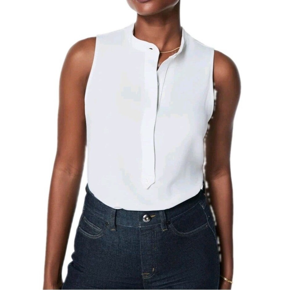 SPANX White Crepe Popover Blouse Band Collar Button Front XL Minimalist Layering